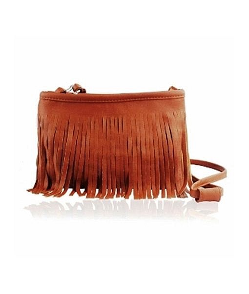 Brown PU sling bag with tassels