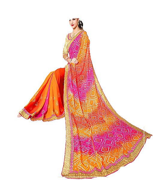 Pink and orange bandhej saree