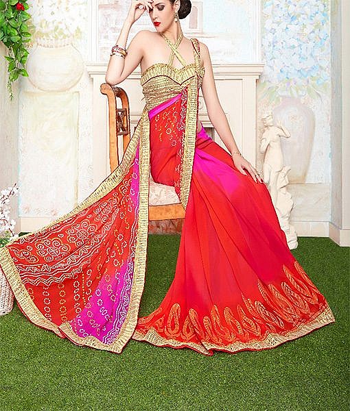 Beautiful red and pink bandhej saree