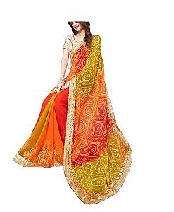 Beautiful red and orange multicolour bandhej saree