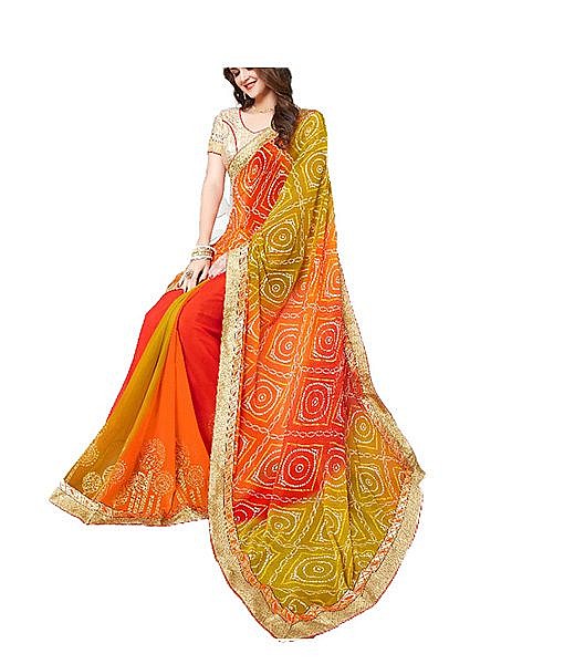 Beautiful red and orange multicolour bandhej saree