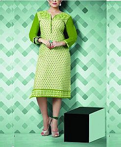 Green rayon straight kurta with embroidery front and back.