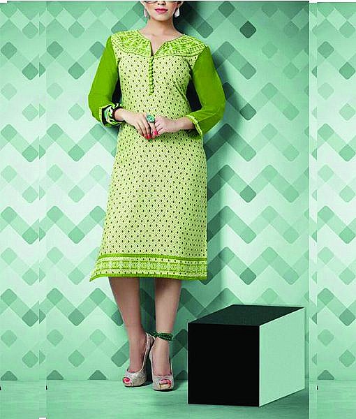 Green rayon straight kurta with embroidery front and back.