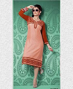 Rust orange straight rayon kurta with embroidery