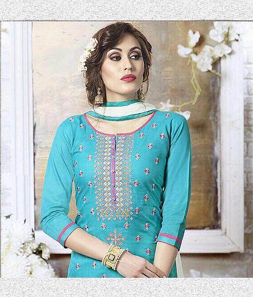 Sky blue cotton dress material with embroidery - Image 2