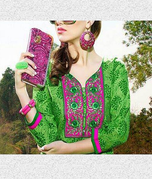 Green fine cotton kurta with embroidery - Image 2