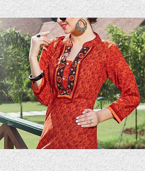 Orange fine cotton kurta with embroidery - Image 2