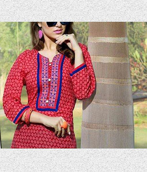 Red fine cotton kurta with embroidery - Image 2