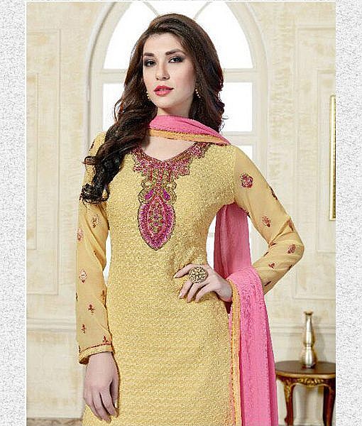 Lime yellow georgette semi stitched suit with full embroidery - Image 2