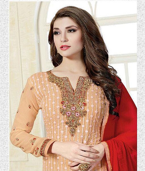 Peach georgette semi stitched women suit with embroidery - Image 2