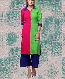 Pink and Green half n half rayon kurta