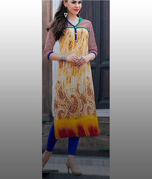 Yellow multicolour straight cotton kurta 