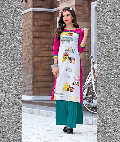 Pink printed straight cotton Kurta