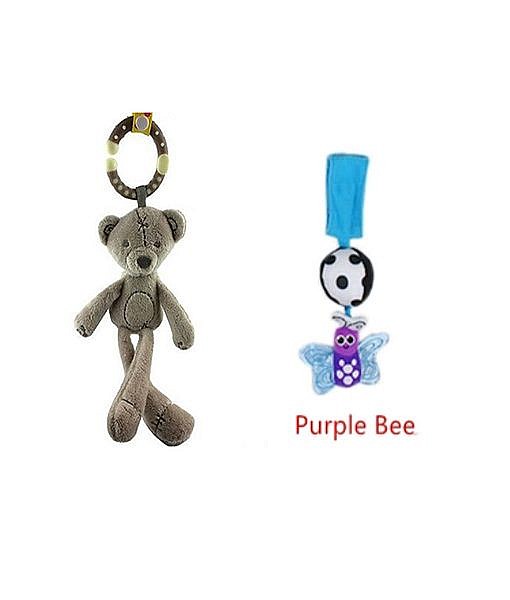 Grey teddy doll and purple butterfly hanging rattle toy combo