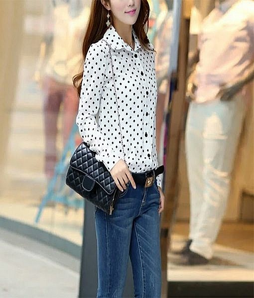 White polka dot full sleeves button down shirt 