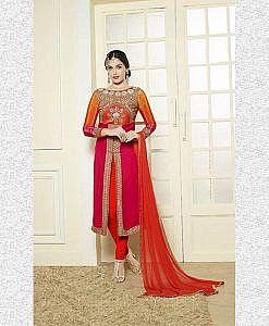 Pink and orange semi-stitched suit with embroidery
