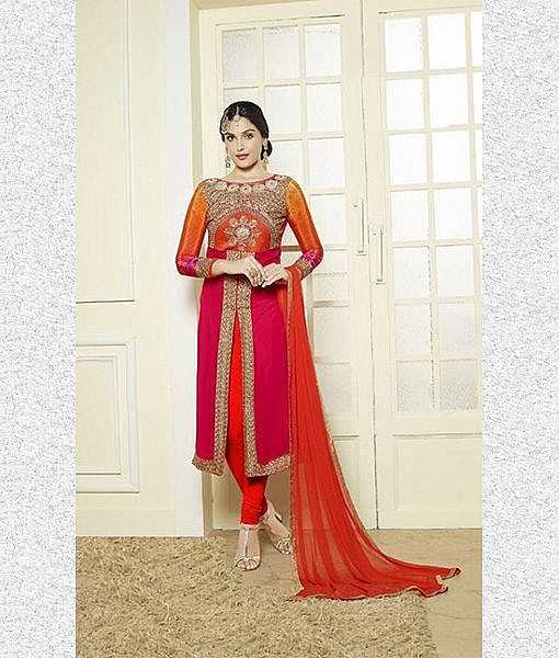 Pink and orange semi-stitched suit with embroidery