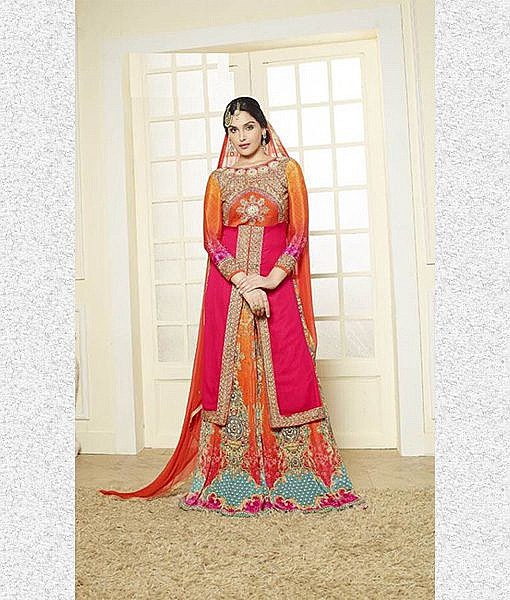 Pink and orange semi-stitched suit with embroidery - Image 2