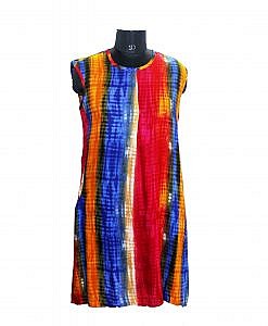 Red rayon multicolour knee length maternity pregnancy dress with both side pockets.