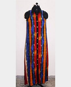 Red rayon multicolour maxi dress with front open with buttons and collar