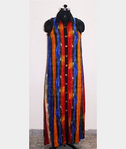 Red rayon multicolour maxi dress with front open with buttons and collar