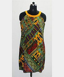 Yellow cotton multicolour knee length round neck dress with open back with buttons.