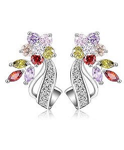 Silver flower stud earring with multicolour stones