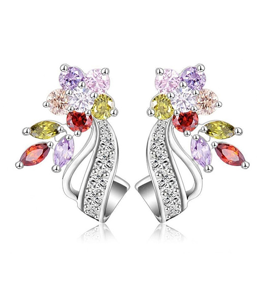 Silver flower stud earring with multicolour stones - Momiffy.com