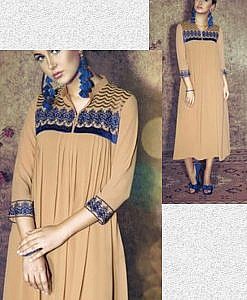 Brown designer kurti with blue embroidery