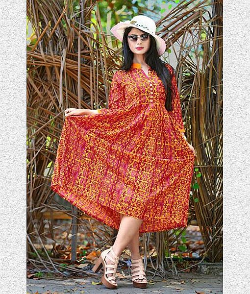 Red and Yellow rayon printed frock dress - Image 2