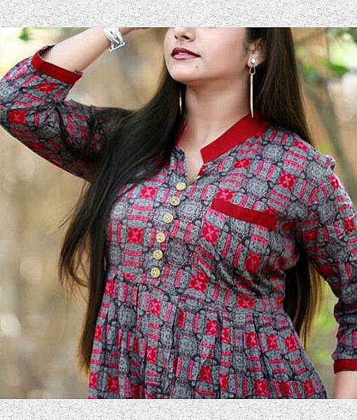 Red and Grey rayon printed frock dress - Image 2