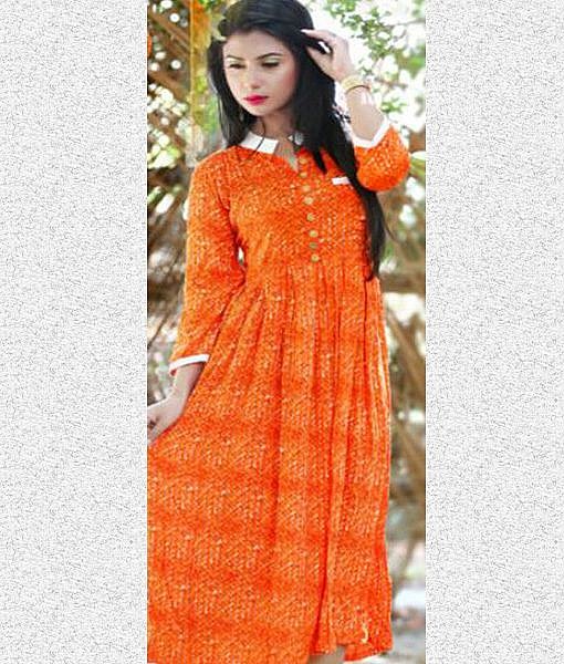 Orange rayon printed frock dress - Image 2