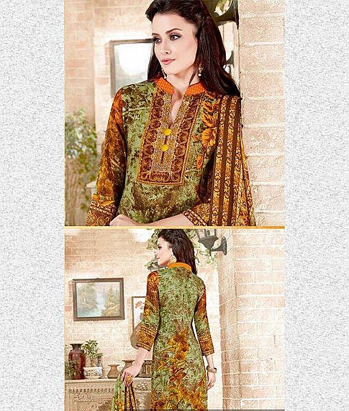 Green and orange pashmina dress material with shawl - Image 2