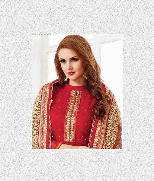 Red designer semi stitched dress material - Image 2