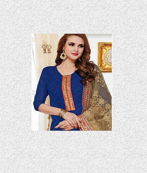 Blue designer semi stitched dress material - Image 2