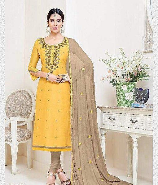 Yellow cotton dress material with light brown embroidery