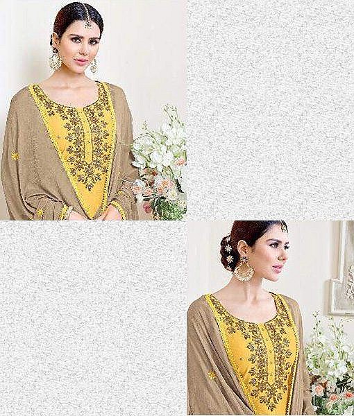 Yellow cotton dress material with light brown embroidery - Image 2