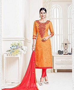 Red khadi cotton dress material with red embroidery