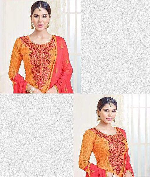 Red khadi cotton dress material with red embroidery - Image 2