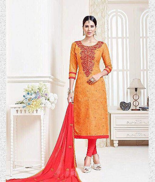 Red khadi cotton dress material with red embroidery