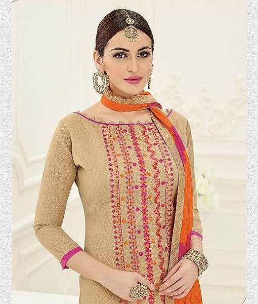 Beige dress material with embroidery - Image 2