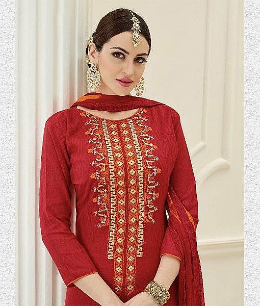 Red cotton dress material with embroidery