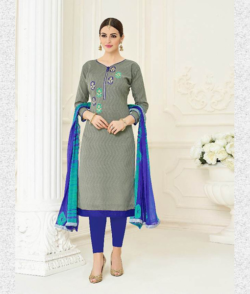 Grey dress material with embroidery 