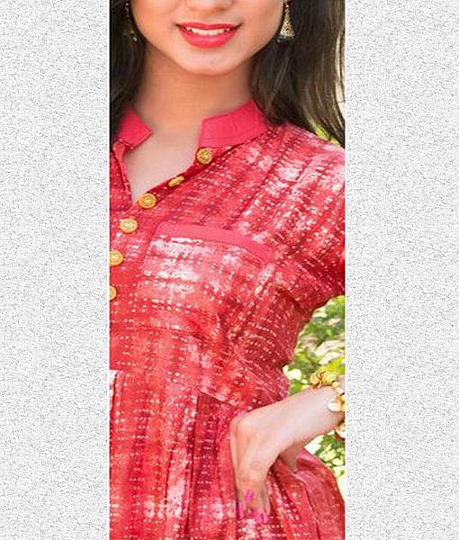 Red rayon printed frock dress - Image 2
