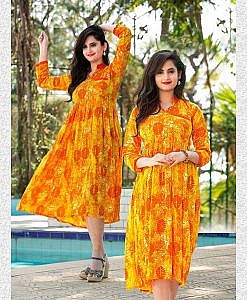 Yellow rayon printed frock dress