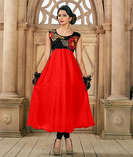 Black and red rayon women kurta with embroidery