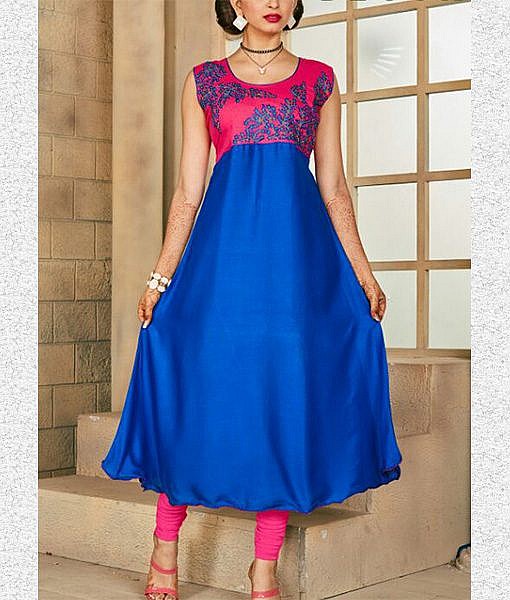 Pink and blue rayon women kurta with embroidery