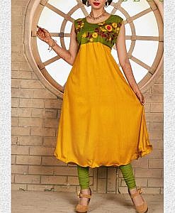 Green and yellow rayon kurta with embroidery