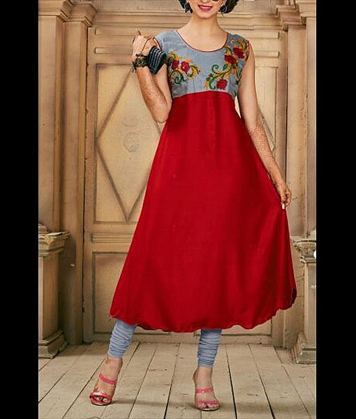 Grey and red rayon printed kurta with embroidery
