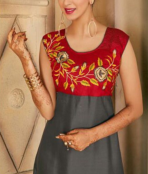 Grey and red rayon printed kurta with embroidery - Image 2